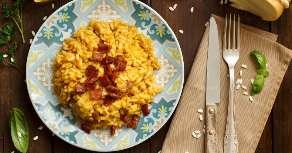 Risotto met geroosterde pompoen, salie, kastanje en pancetta